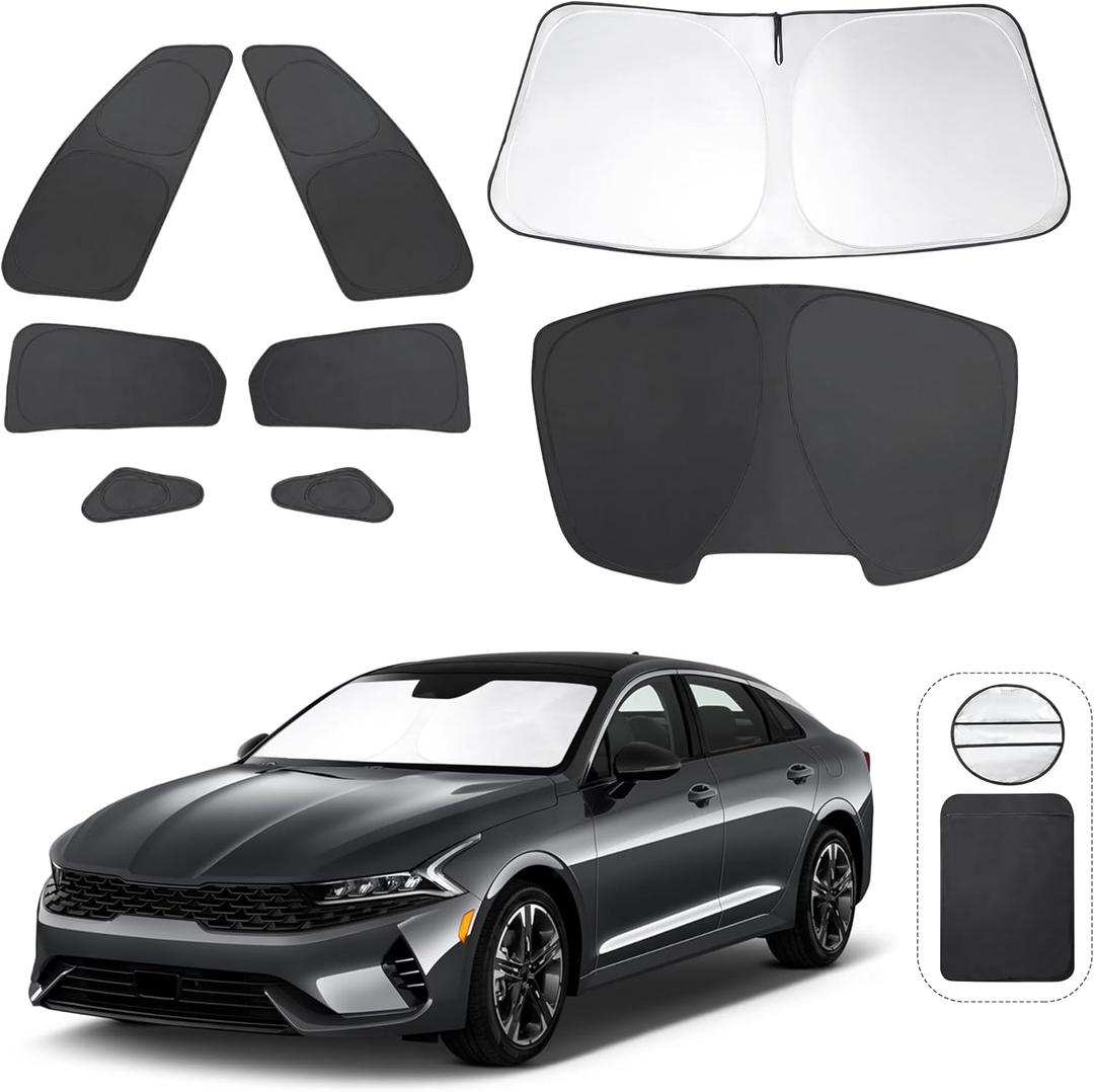 8PCS Windshield Sun Shade Custom Fit for 2021-2024 2025 2026 Kia K5, GT-Line, GT, Sedan Accessories Foldable Sunshade Side Rear Window Shade Cover Full Set Privacy Protection Keeps Car Cool