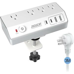Desk Clamp Power Strip with USB C, JXGUCAT PD 20W Fast Charging Power Station, Removable Desk Clamp Mount Power Strip Surge Protector, 10 ft Cord with 4 Outlet 4 USB Ports, Fit 1.8" Tabletop Edge (White)