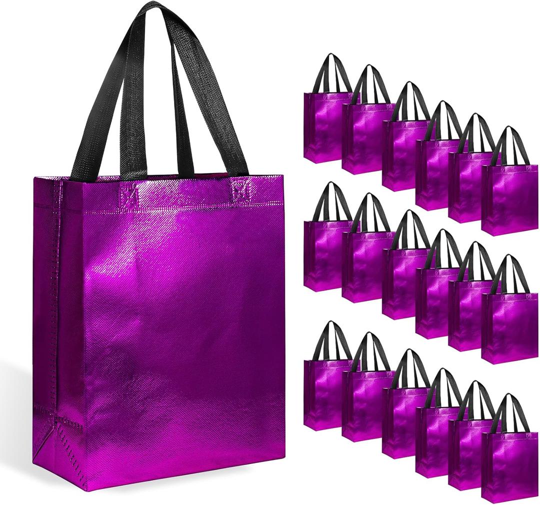18-Pack Purple Reusable Gift Bags with Handles, Bulk Goodie Bags for Valentines Day, Baby Shower, Birthday, Party Favors, Wedding, Holiday Goodie | 8x4x10 Inches | 18 Premium Purple Bag | Eco-Friendly