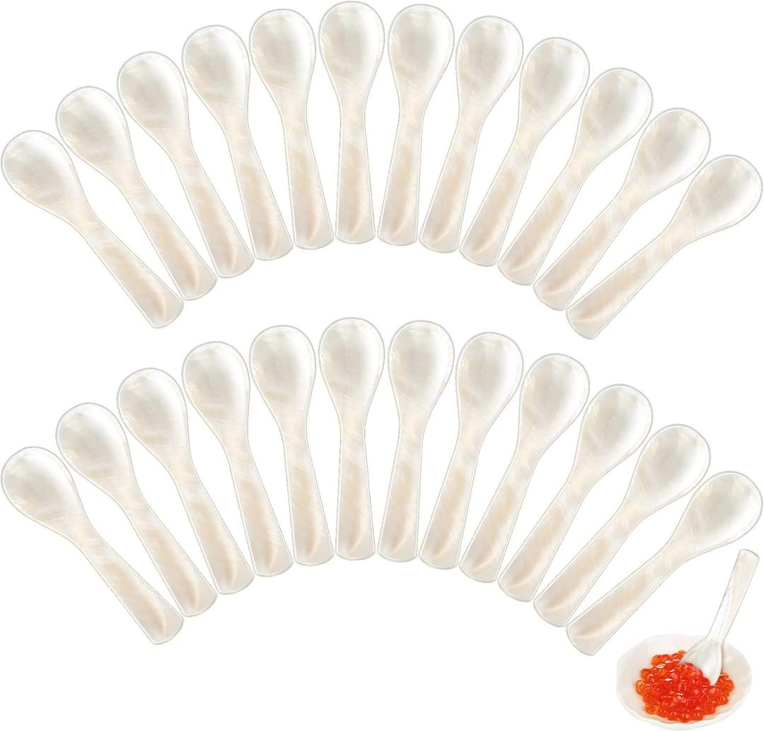 Caviar Spoons Mother of Pearl Mop Spoons with Hand Craft W Round Handle for Caviar, Egg, Ice Cream, Salt, Coffee Serving, Restaurant Serving Set(24 Pieces,3.55 Inch)