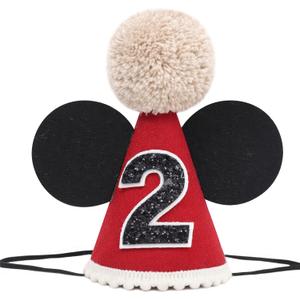 Cartoon Mouse 2nd Birthday Hat - Red & Black Party Hat for Girls Boys, Birthday Photo Props, Cake Smash, Baby Shower, Toddler Party Decorations (24 Months)