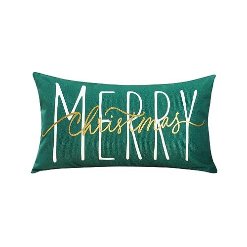 ONWAY Christmas Pillow Cover 12x20 Inch Merry Christmas Gold Green Decorative Throw Pillows Farmhouse Winter Holiday Decor Cushion Case for Sofa Couch Home Decorations