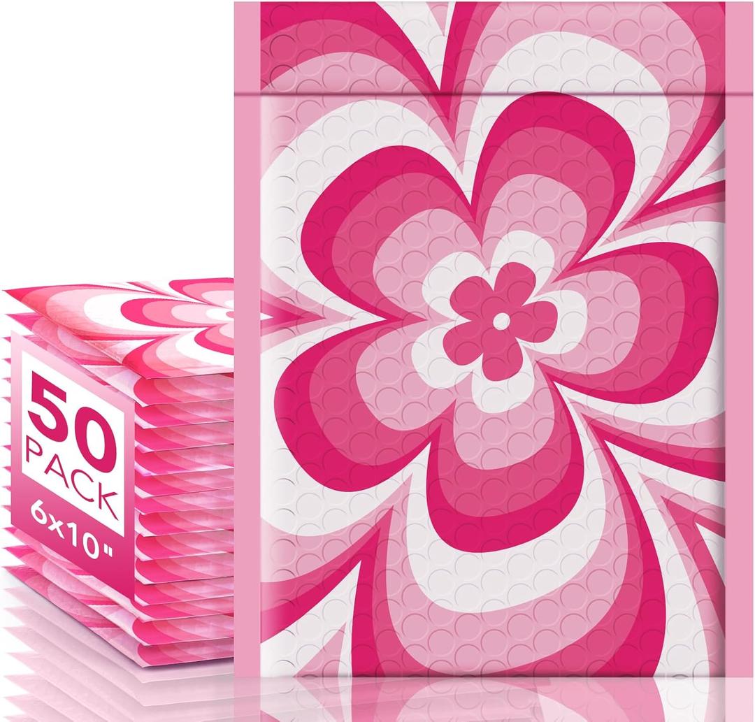 Metronic Bubble Mailers 6x10 Inch 50 Pack Rose flowers Style, Cute Bubble Mailers Waterproof Padded Envelopes Mailing Envelopes Bubble Padded for Shipping Gift,Makeup, Small Items