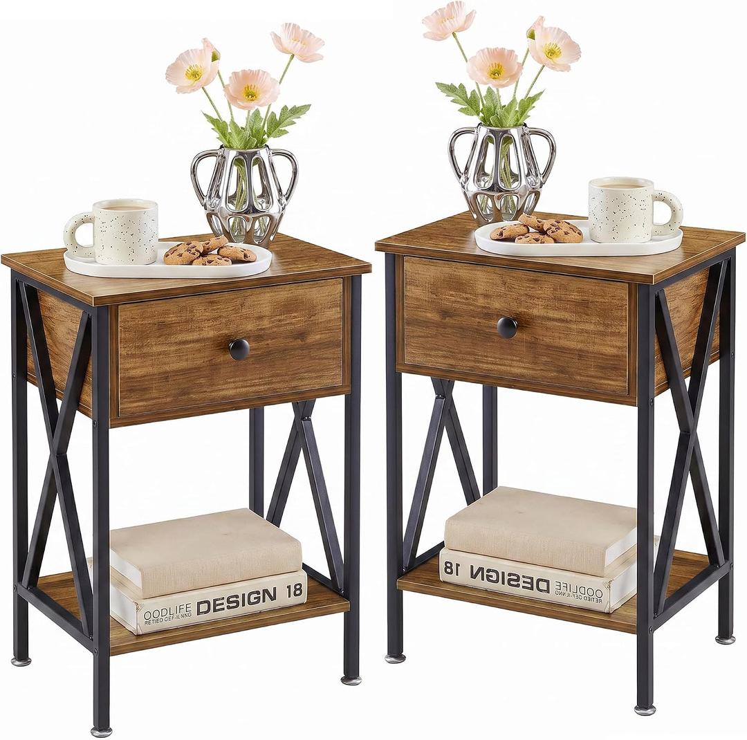 VECELO Nightstands Set of 2, Modern Bedside End Tables, Night Stands with Drawer and Storage Shelf for Living Room Bedroom, Industrial Metal Frame