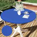 Smiry Round Table Cloth Cover, Elastic Fitted Flannel Backed Vinyl Tablecloths for 45"-56" Round Tables, Waterproof Wipeable Table Covers for Indoor, Outdoor, Picnic and Camping, Blue