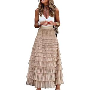 Long Tulle Skirt for Women Trendy High Waisted A Line Fluffy Fairy Mesh Layered Ruffle Skirt(Khaki, S)