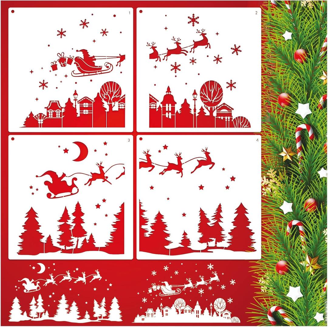 2 x Large Christmas Window Stencils for Snow Spray Reusable Pine House Reindeer Stencil Template Drawing Holiday Winter Scene Stencils for Painting on Wood Glass Window Doormat Wall(window4)