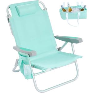 SUNNYFEEL Low Beach Chair, 5-Position Lay Flat Reclining, Backpack Portable Folding Chair with Cooler Bag & Cup Holder, Heavy Duty 350 LBS, Compact for Beach, Camping, Travel