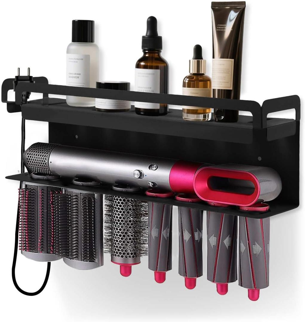 Hyber&Cara Wall Mounted Storage Holder Compatible with Dyson Airwrap Storage Stand Rack No Drill Storagefor Bathroom Shelf Organizer Curling Iron Attachments and Complete Styler Black