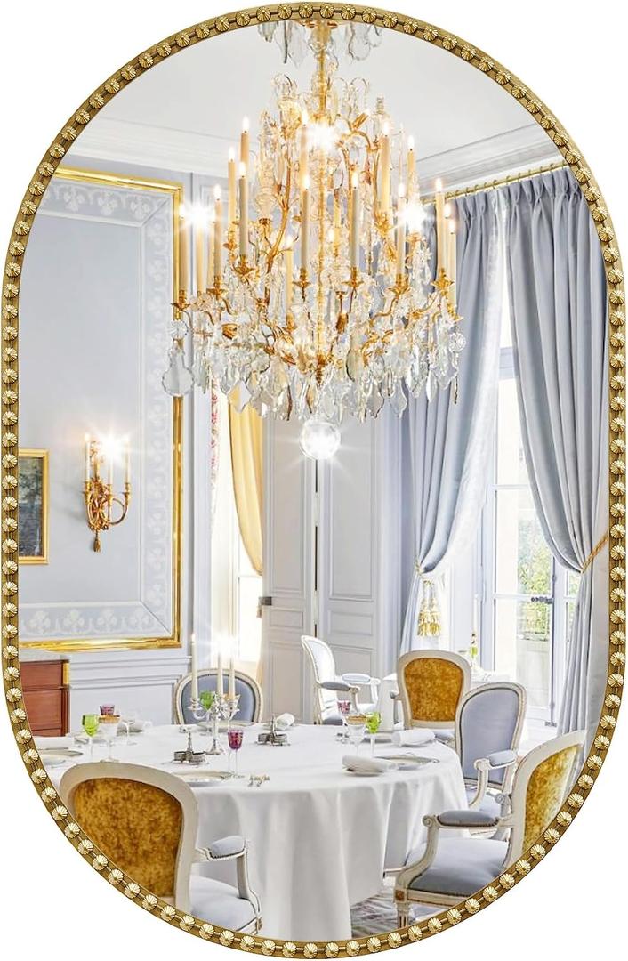 Oval Mirror for Wall, 24x36 Inch Gold Oval Bathroom Mirror, Antigue Gold Vanity Mirrors, Metal Floral Frame Mirror for Bedroom Living Room Hallway, Hangs Horizontally or Vertically