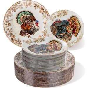 Nervure 60PCS Thanksgiving Plastic Plates - Vintage Turkey Dinnerware Set Includes 30PCS 10.25" Dinner Plate & 30PCS 7.5" Dessert Plate, Heavy duty & Reusable Plates, Perfect for Thanksgiving Party