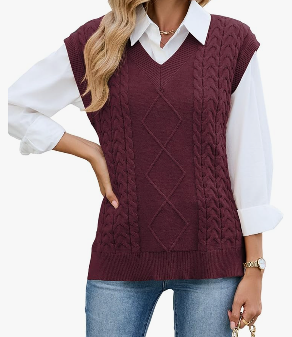 ZAFUL Womens V Neck Sweater Vest Cap Sleeve Oversized Ribbed Cable Knit Casual Loose Tank Top Pullover, Size: S