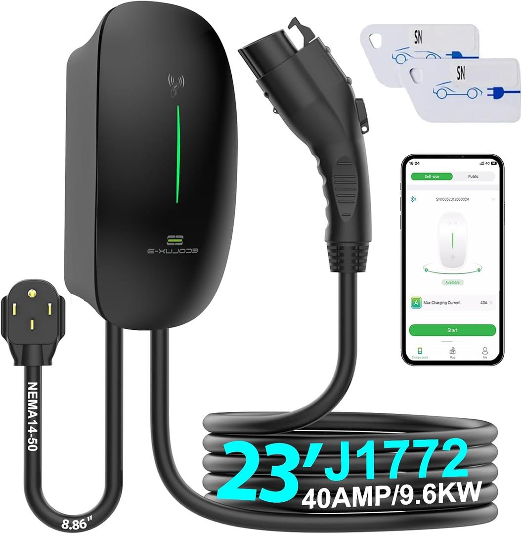 Level 2 EV Charger 40Amp 240V Home EV Wall Charger, NEMA 14-50 Plug, 9.6kW Fast Charging, J1772 Connector 23ft Cable, Smart Electric Vehicle Charging Station, Indoor/Outdoor Use