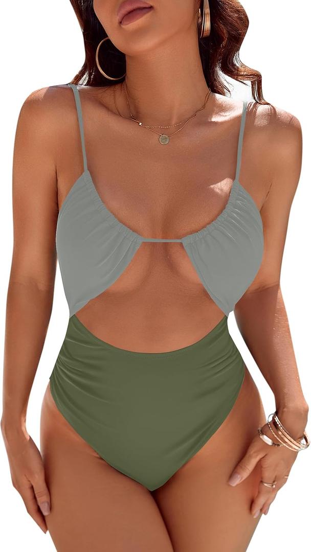 Blooming Jelly Womens One Piece Swimsuit Tummy Control Bathing Suit Sexy Flattering Cheeky High Cut Out Cute Ladies Swimwear (Large, Olive Green)