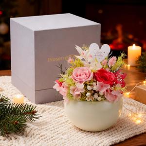 Preserved Flowers Arrangement in mini Ceramic vase Real Touch Forever Roses Gifts for Women (Pink)