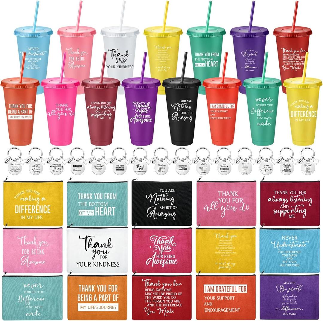 Pickmesh 15 Sets Employee Appreciation Gifts Multi Color 24 oz Plastic Travel Tumbler with Inspirational Canvas Bag and Keychain Thank You Gift for Christmas Coworker Team Nurse Teacher(Stylish)