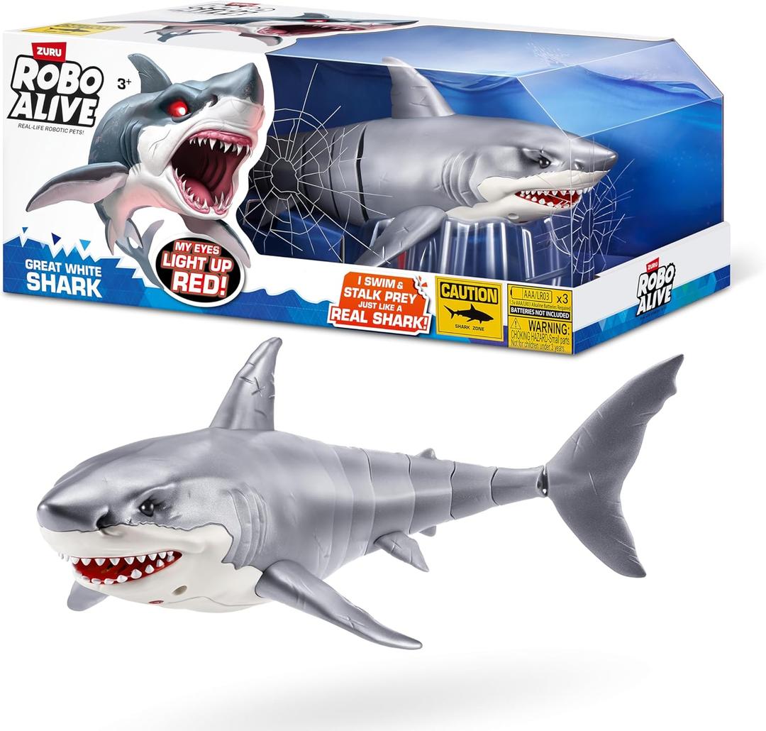 Robo Alive Great White Shark Series 1 by Zuru, Battery-Powered Robotic Light Up Shark, Summer Pool & Bath Toy