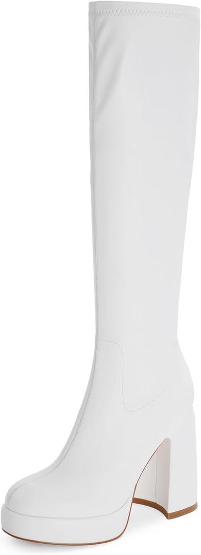 Modatope Platform Knee High Boots for Women Chunky Heel Rounded Toe Womens Knee High Boots Side Zipper Tall Boots (8.5)