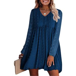 KIRUNDO Womens Dresses 2024 Spring Summer Long Sleeve Mini Dress V Neck Flowy Casual Swiss Dot Loose Babydoll Maternity Dress(Blue, Small)