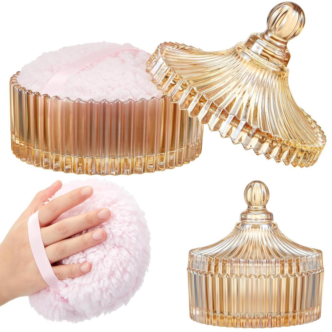 Tioncy 2 Pcs Extra Large Dusting Powder Puff and Container for Women-6'' Glass Crystal Dusting Powder Container with Body Soft Washable Reusable Velour Face(Amber,Classic)