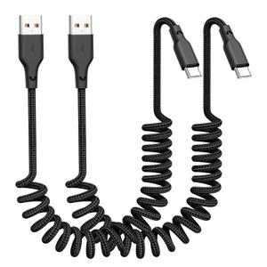 Car Carplay Cable 2Pack 3ft Coiled USB A to USB C Fast Charge Cord for iPhone 17/16/15/Plus/Pro Max/MacBook Pro, Auto Coiled Retractable iPhone Car Cord