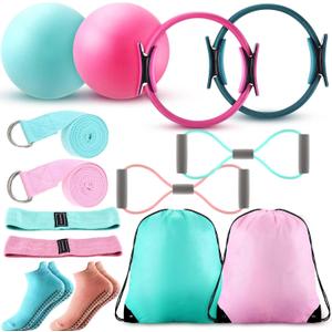 Poen Pilates Ring and Ball Set for Women Pilates Ring Circle Ball with Stretching Strap 8 Resistance Bands Non Slip Socks Gym Back Bags Exercise Equipment for Workout (Pink, Green, Blue)