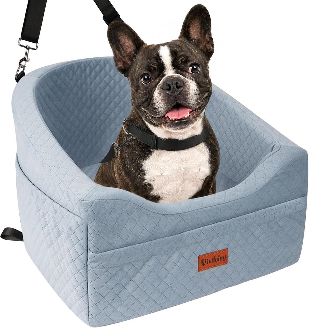 Vivifying Dog Car Seat for Small & Medium Dogs, Detachable & Washable Booster Seat for Pets Up to 25lbs, Travel Bed with Storage Pockets and Safety Belt Gray