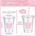 Sliner 25 Pcs 16 oz Coquette Disposable Plastic Cups with Straw for Party Supplies Bow Cups Birthday Wedding Bridal Engagement Party Drinkware Baby Shower Decoration (Pink Bow)
