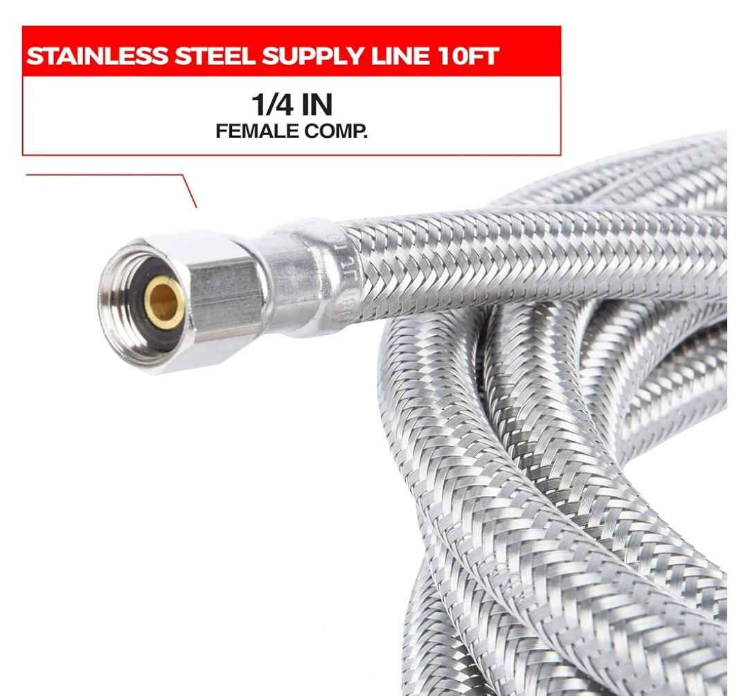10 Ft Braided Stainless Steel Supply Line, Ice Maker Hose with 1/4 in Fittings on Both Ends with 3/8 x 3/8 x 1/4 Brass Compression Outlet Stop Valve Tee Adapter for Drinking Water