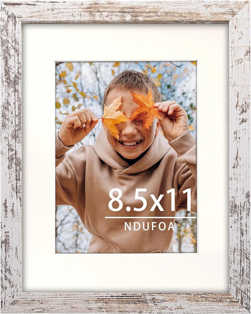 8.5x11 Picture Frame, Display Photos 6x8 with Mat or 8.5x11 without Mat, Poster Frame for Wall and Tabletop, Distressed White