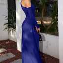 Memoriesea Women's One Shoulder Long Sleeve Cocktail Maxi Dress | High Slit,Asymmetric Neckline,Bodycon Ruched Dress,Sexy Wedding Guest Party Dress,Homecoming,Vacation,Dinner,Black Tie Event (Blue, S)