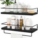 ZGO Floating Shelves for Wall Set of 2, Wall Mounted Storage Shelves with Black Metal Frame and Towel Rack for Bathroom, Bedroom, Living Room, Kitchen, Office (Black)