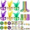 130 Pcs Mardi Gras Party Favors Kit - Carnival Decorations Set with Bulk Mardi Gras Beads Necklaces Masquerade Masks Gold Coins Tattoos & Stickers Vintage Fat Tuesday Parade Accessories Supplies
