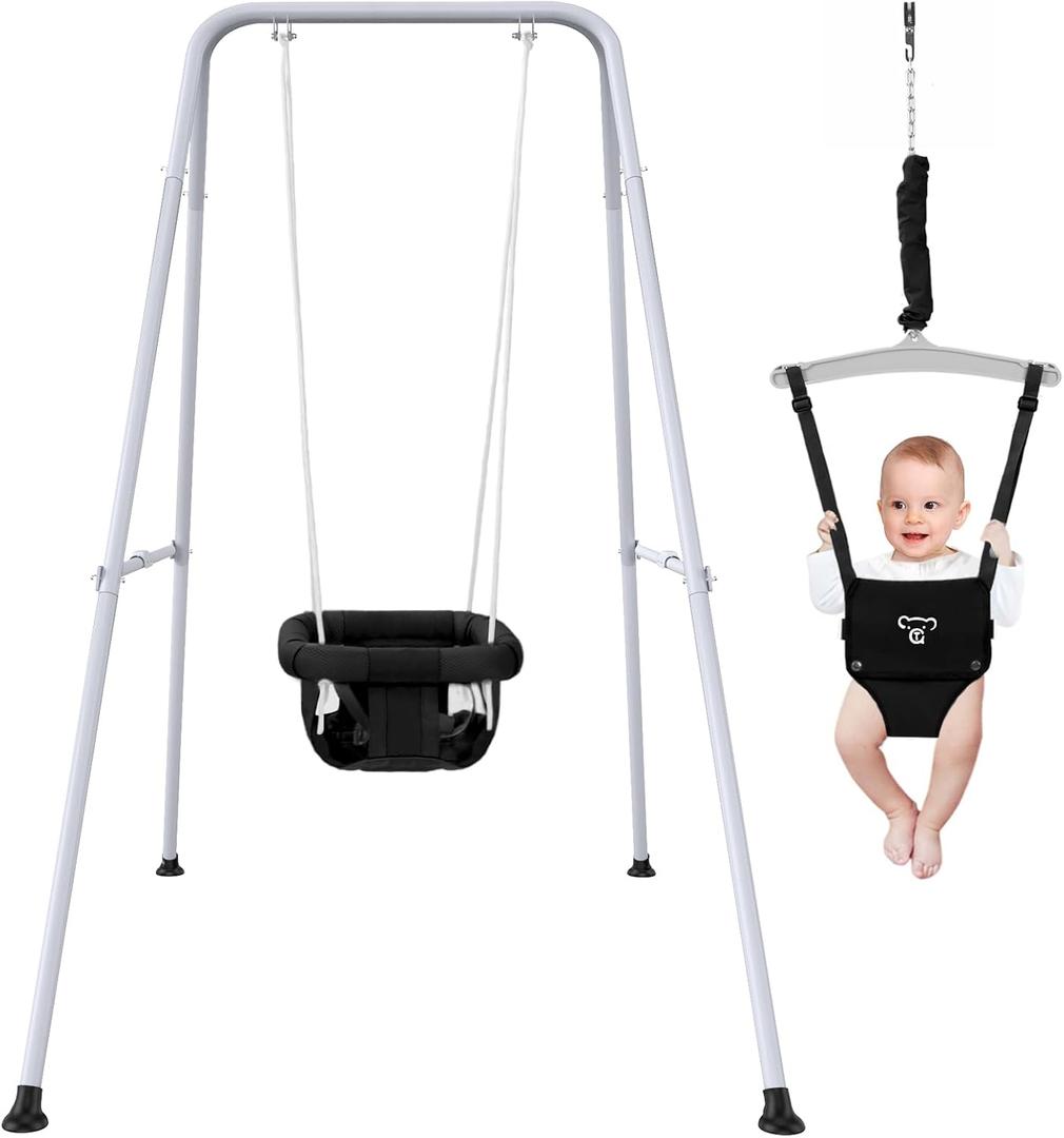 2 in 1 Baby Jumper with Swing - Indoor and Outdoor Use, Baby Jumpers and Bouncers, Toddler Swing with Foldable StandBlack