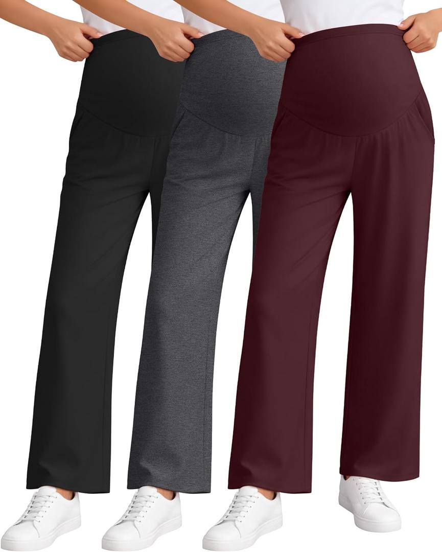 3 Pack Women's Maternity Pants Loose Wide Leg Pregnancy Sweatpants Over The Belly Lounge Pants Pajama with Pockets (Medium, Black, Dark Heather Gray, Burgundy)