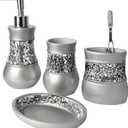Creative Scents Crackled Glass Silver Bathroom Accessory Set - 4 Piece Bathroom Sets Accessories Included: Soap Dispenser, Toothbrush Holder, Tumbler and Soap Dish