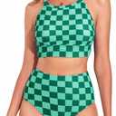 Herseas Women's Bikini Sets High Neck Tropical Leaf Print High Waisted Two Pieces Swimsuits Bathing Suits (Green, XXL)