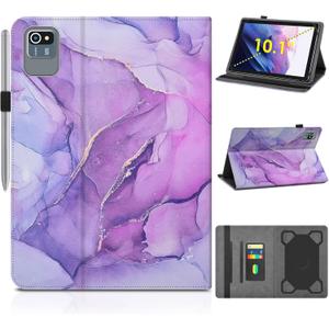 DETUOSI Universal 10 inch Tablet Case for ECOPAD TH-KK12C, Aiprotablet K10, MEIZE D115, Jeazans KT1016, COLORROOM CP30 10.1" Tablet, Folio Leather Protective Cover,2-Angle Viewing Stand,3 Card Slots (Purple marble)