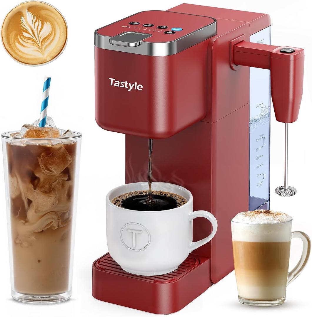 Tastyle Single Serve Coffee Maker with Built-in Detachable Milk Frother, Iced and Hot Coffee Machine for K Cup & Grounds, 40oz Removable Water Reservoir, 6 Cup Sizes, Fits 7.3" Travel Mug, Red
