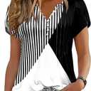 Disamer Summer Tops for Women Petal Short Sleeve Shirts Dressy Pleated Tunic 2026 Casual V Neck Button Down Blouses (Large, Striped Black)
