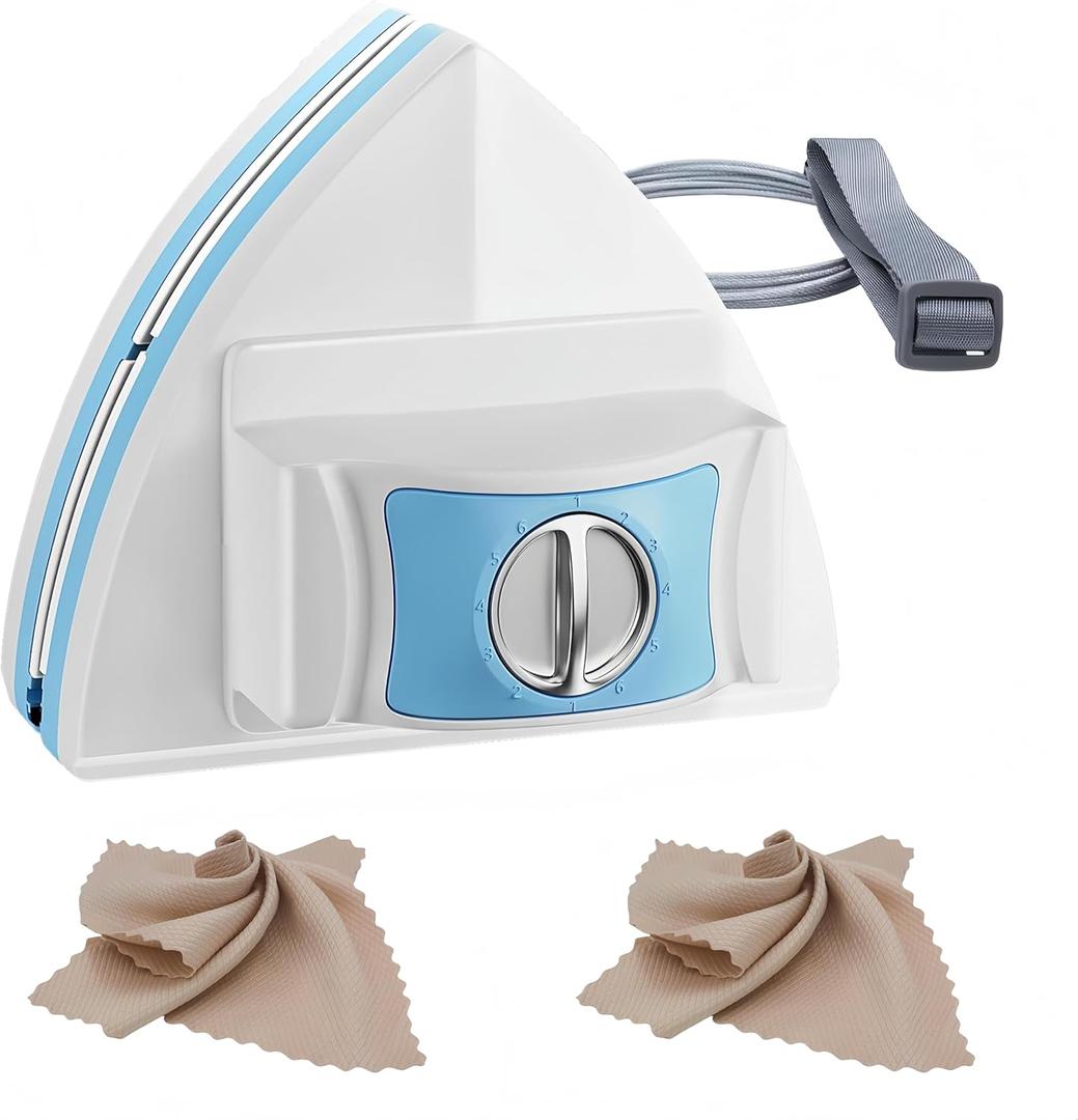 Magnetic Glass Cleaner Tool - Double Sided Windows Glass Cleaner Wiper for 5-25mm Single Double Glass with 2 Pc Beige Microfiber Cleaning Cloth 5-Files Adjustable Windshield Cleaner Tool for High-Rise