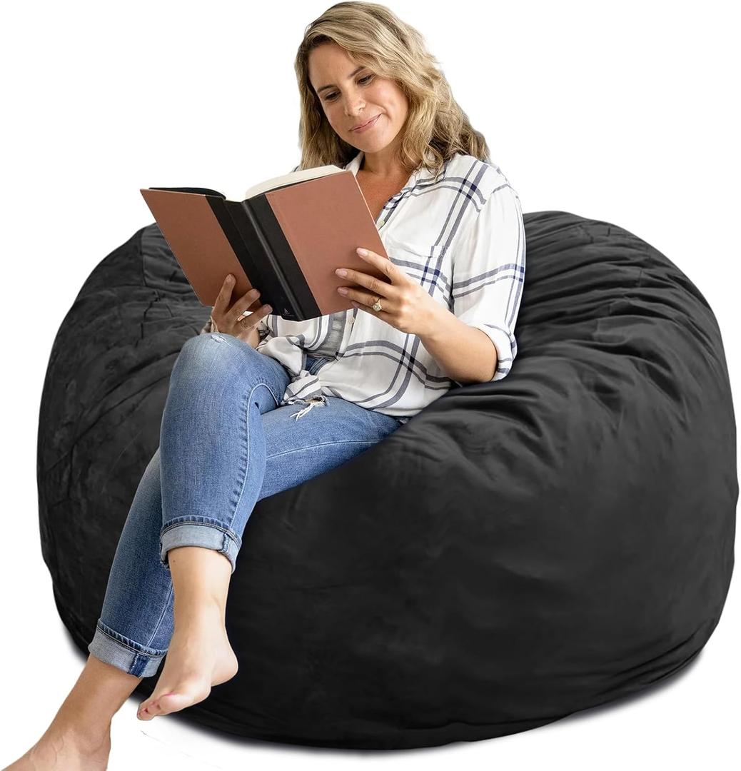Bean Bag Chair 4Ft, Memory Foam Filled, Removable Velvet Cover, Giant Bean Bag Chairs for Adults and Teens, Round Sofa Chair for Dorm Room, Bedroom and Gaming Room, Black