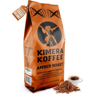 Kimera Koffee - Organic Honey Processed Light Roast Ground Coffee | Amber Blend | Infused with Brain Vitamins |Taurine, Alpha GPC, DMAE, and L-theanine | Enhance Cognitive Stamina | Optimize Focus & Concentration | Enhance Athletic Performance | 12oz (EXP 02/07/26)