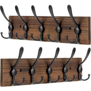 Wooden Coat Rack Wall Mount Heavy Duty, 2 Pack Coat Hanger Wall Mount with 5 Triple Hooks for Clothes, Jacket, Hat, Keys, Backpacks, Towel, Space Saving Entryway Organizer for Bathroom, Mudroom (Brown Plate & Black Hooks)