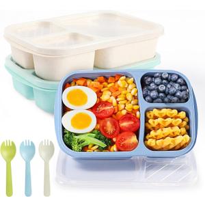RASUSS 5 Pack Bento Box Adult, Lunch Box Kids，3Compartment Bento Snack Boxes,FoodSafe Materials，Food Storage Containers for School, Work and Travel，Microwave and Dishwasher Safe(light colour)