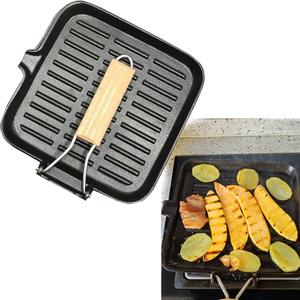 Grill Pan for Stove Tops, 3.4lbs Cast Iron Giddle with Folding Handle, 9.5in Square Grill Pan, Heavy Duty Griddle with Pour Spouts, Durable Skillet for Indoor Outdoor Grilling