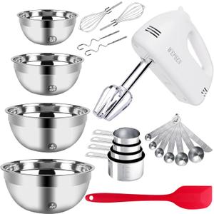 WEPSEN 5-Speed Electric Hand Mixer, 4 Large Mixing Bowls Set, Handheld Mixers with Whisks Beater, Stainless Steel Metal Nesting Bowl Measuring Cups Spoons Kitchen Cake Blender for Baking Supplies