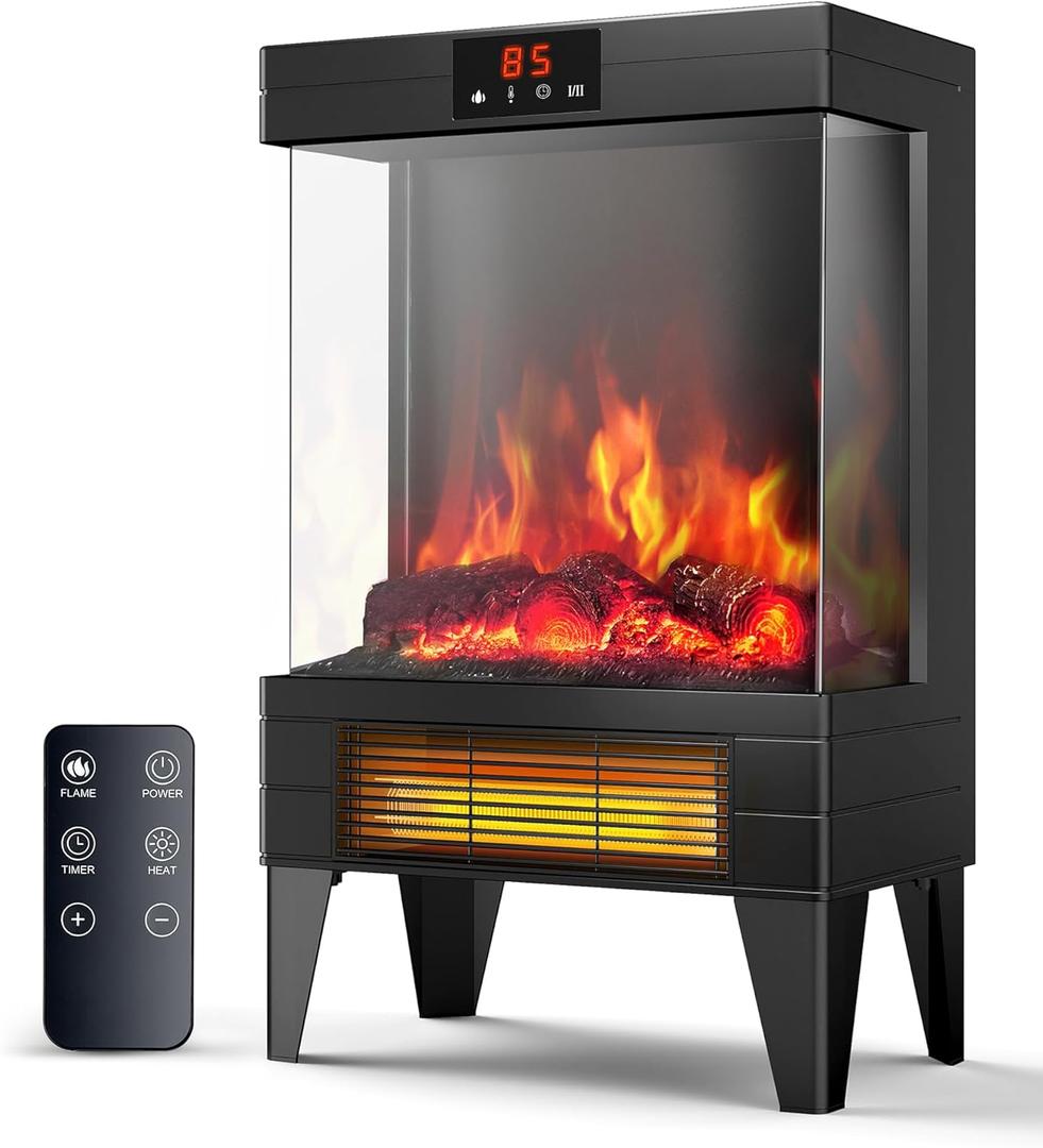 Electric Fireplace Stove Heater - Freestanding Fireplace Heater for Indoor Use with Realistic 3D Flame, Adjustable Thermostat & Remote, Quiet, Timer for Living Room and Bedroom (Matte Black)