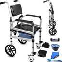 Folding Bedside Commode with Wheels, Padded Shower Chair with Bucket, Rolling Shower Commode Chairs with Soft Backrest, Bedside Commodes for Senior & Handicap