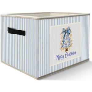 Blue Chinoiserie Christmas Tree Storage Bins Box with Handles, Gold Glitter Grand millennial Christmas Collapsible Fabric Storage Basket Box Organizer for Bedroom Bathroom Clothes Toys Books
